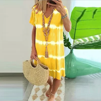 Womens Casual Striped Tie Dye Print Mini Dress V Short Sleeve Solid Tie Dress • $17.76