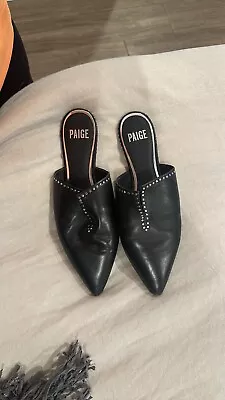 Paige Alia Mule Shoes Women's 8 Black Leather Studded Pointed Toe Flats Slip O • $26