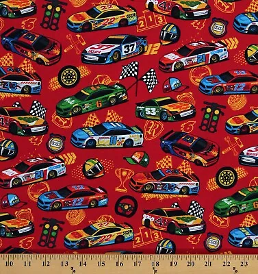 Cotton Racecars Driving Turbo Speed Large Cars Red Fabric Print BTY D787.08 • $15.95