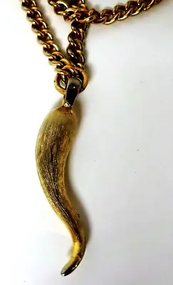 Vintage Gold Tone Italian Horn Cornicello Good Luck Charm Pendant 30  Necklace • $34.50