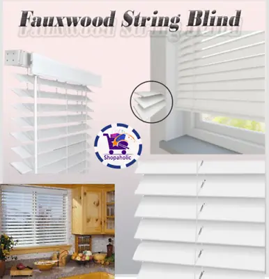 Faux Wood Blind Wooden Venetian Window Blinds Trimmable White & Grey 50mm Slats • £79.50