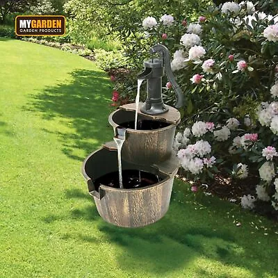 £34.45 • Buy 2 Tier Wooden Water Pump Fountain Cascading Feature Patio Barrel Garden Deck UK 