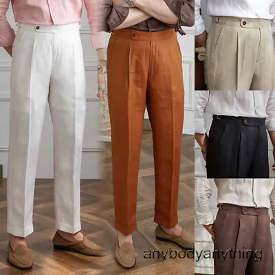 Italian Men100% Linen Naples Pants High Waist Dress Pant Breathable Trousers Hot • $57.06