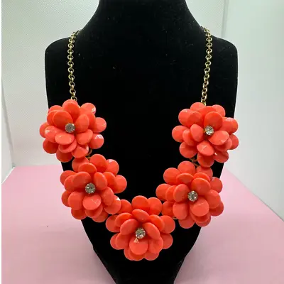 J. Crew Gold Tone Coral Pink 3D Flowers With Crystal Centers Statement Necklace • $24