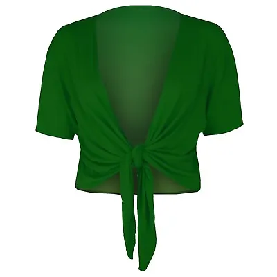 Ladies Plain Cap Short Sleeve Tie Up Front Bolero Shrug Cropped Cardigan Top • £6.49