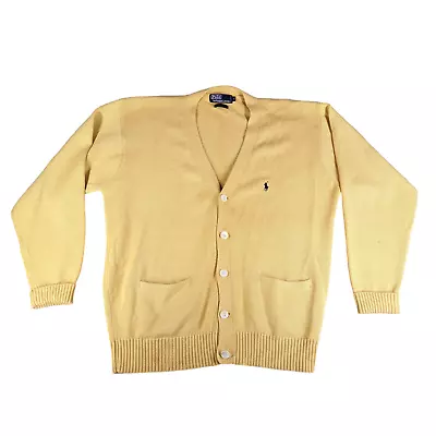 Vintage Polo Ralph Lauren Yellow Cardigan Men M Blue Pony Cotton Sweater • $31.39