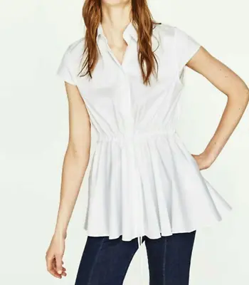 Zara Size M White Peplum Button Down Short Sleeve Shirt T48 • $10