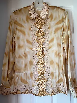 Escada Silk Vintage Long Blouse In Shades Of Beige Paisley Feather Print 34 6-8 • $89.98