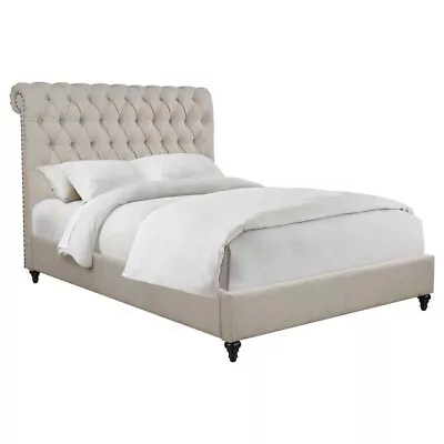 Beige  Button Tufted Fabric King Scrolled Headboard Sleigh Bed Bedroom Furniture • $999