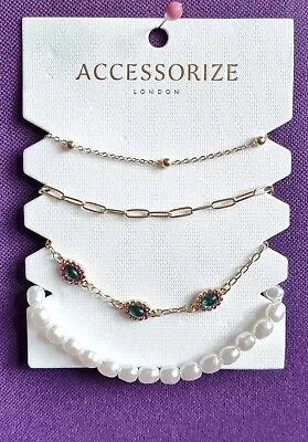 Accessorize Pack Of 4 Gold Tone Floral & Crystal Chain & Pearl Bracelets • £5.86
