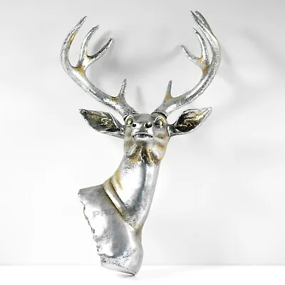 Wall Mounted Silver Resin Deer Stag Head Bust Skull Ornament Statue Antlers • £74.95