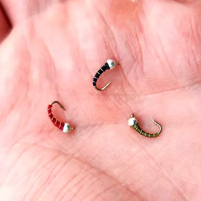 Tungsten Bead Head Zebra Midge Flies | Black Olive & Red | Zebra Midge Flies • $1.69