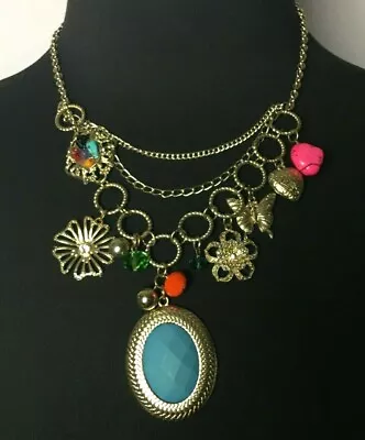 Vintage Blue Medallion Statement Necklace Multi Strand  Charms Gold Silver Tone • $19.99