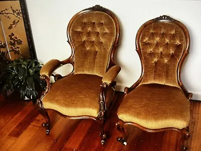 $795 • Buy Superb Antique Pair Of Grandfather And Grandmother Walnut Upholstered Chairs