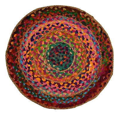 Fair Trade Recycled Cotton & Jute Round Rag Rug - Multicolour Rainbow 50cm (RD7) • £15.49