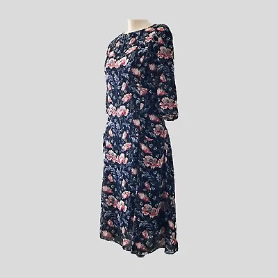 Zara Dress Womens Sz XS Navy Blue Floral Chiffon 1/2 Sleeve Midi Summer Pockets • $24.55