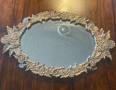 Vanity OVAL Tray Mirror Ornate Footed-Vintage -brass Tone Metal Frame 15” X 10” • $38.99