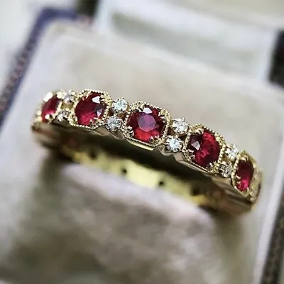 2Ct Round Cut Lab Created Red Ruby Vintage Wedding Band Ring 14k Gold Finish • $87.99