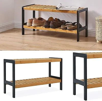 £21.90 • Buy Natural Bamboo Wooden 2 Tier Shoe Rack Bench Organiser Stand Storage Shelf Seat