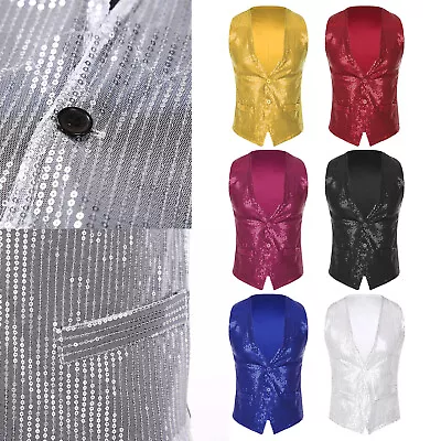 Mens Sequin Vest Shiny Suit Slim Fit V-Neck Party Dress Tuxedo Waistcoat Jackets • $15.78