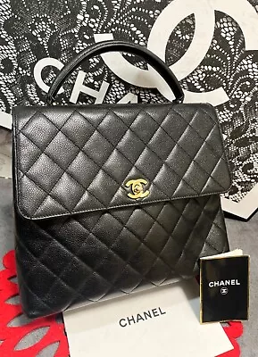 Chanel Jumbo Caviar Coco Top Handle Kelly Flap Hand Bag Black Gold JAPAN 630 • $2280