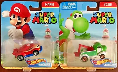 Hot Wheels Character Cars Mario & Yoshi #FLJ17 1:64 Scale Diecast (Set Of 2) • $10.99