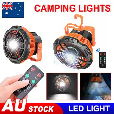 Portable Camping Fan LED Light Rechargeable Tent Lantern W/ Hook Remote Outdoor • $30.85