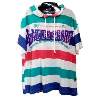 Vintage LATTE Short Sleeve Striped Color Block Hoodie T Shirt  With Hood  • $14.95