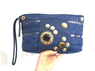 Gustto Royal Blue Gold Button & Rhinestone Clear Stripe Wristlet Clutch Handbag • $27.99
