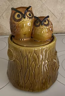 Vtg Mid Century  Cookie Jar - Two Owls Sitting On Tree Stump • $24.50