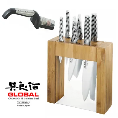 New Global Ikasu 7pc Knife Block Set + Bonus 2 Stage Sharpener Knives Japan • $484.40