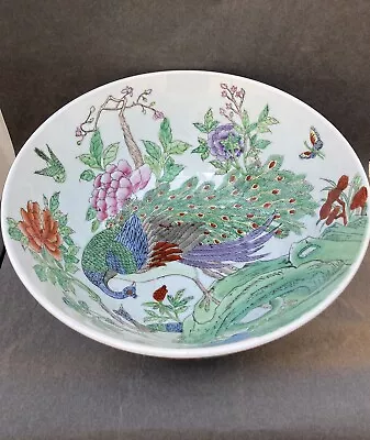 Large Chinese Hand Painted Porcelain Bowl Peacocks With Flowers. Made In Macau • $65