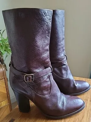 J Crew Pull On Mid Calf Heeled Chocolate Brown Leather Boots Size Ladies 9 • $25