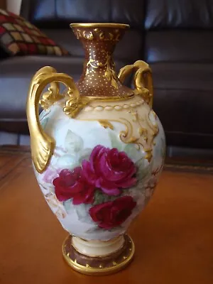 ANTIQUE LIMOGES D&Co  HAND PAINTED SIGNED VASE ROSES And GOLD 9 1/2  • $270
