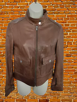 Womens Massimo Dutti Size Uk Small Brown Real Leather Zip Up Biker Jacket Coat • £39.99