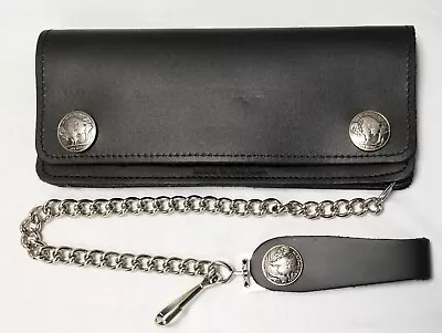 Black Leather Trucker Wallet With Buffalo Nickel Snaps & 12  Chain MADE IN USA • $30.99