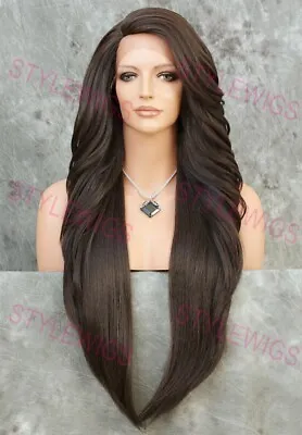 Dark Brown Extra Long Full Straight Heat OK Lace Front Human Hair Blend Wig EVFA • $92.85