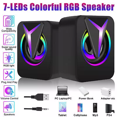 3.5mm RGB LED Mini USB Wired Computer Speakers Stereo Bass For PC Laptop Desktop • $12.57