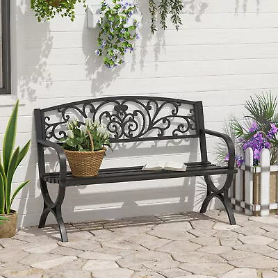 Garden Bench Porch Chair Furniture Patio Park Loveseat Steel Black Outdoor • £79.99