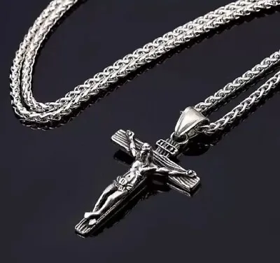 Crucifix Jesus Mens Women Chain Necklace Sliver Cross Stainless Steel Pendant  • £5.88