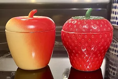 Set Vintage Hazel Atlas Milk Glass Strawberry & Apple Jelly Jars Retro Kitchen • $27.95