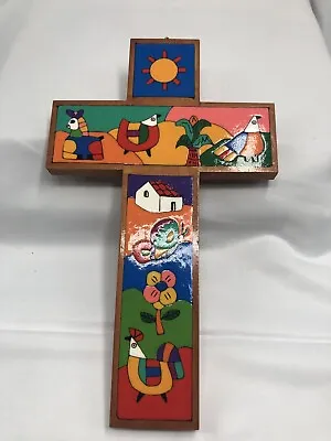 El Salvador Wood Folk Art Catholic Cross; Artesanias La Esperanza Handpainted • $24.50