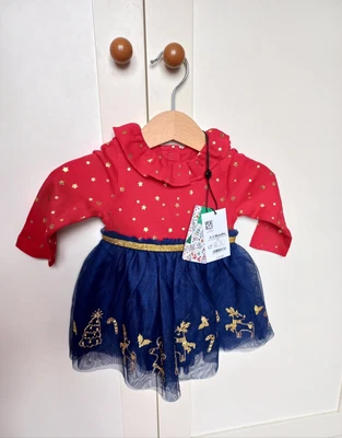 £15.99 • Buy Girls Christmas Dress New 0 To 3 Months Red Stars Gold Blue
