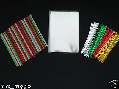 4.5  X 50 CHRISTMAS CAKE POP KIT RED GREEN WHITE STICKS CELLO BAGS & TWIST TIES • £4.95