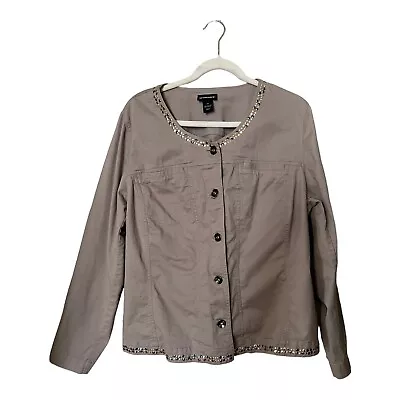 Lane Bryant Khaki Twill Jacket Size 24 Button Up Gold And Silver Embellishments • $19.99