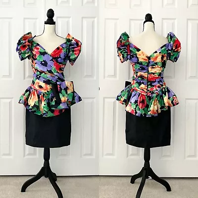 Vtg NIGHT WAY Cocktail Party Dress 80s 90s Bow Floral Layered Sleeves Size 4/6 • $58