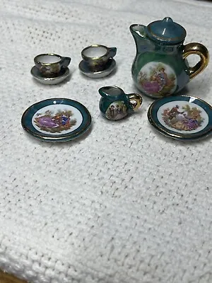 Adorable Vintage Limoges Style Miniature Tea Set Green Courting 7 Piece • $10