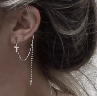 Silver Cross Earring With Ear Cuff And Chains • $6.15