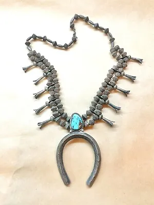 Vintage Southwest Native American  Turquoise Sterling Squash Blossom Necklace • $950