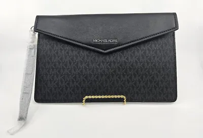 Michael Kors Black Gray Leather Canvas Maisie Large Envelope Wristlet Clutch Bag • $75.60